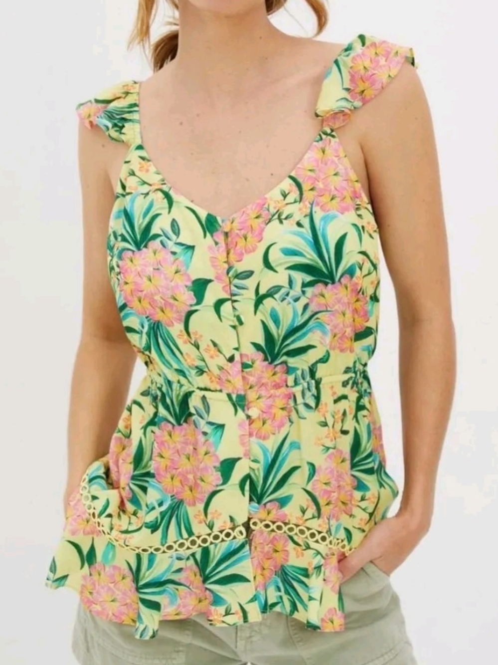 Floral Ruffle Strap V-Neck Women's Top in Yellow